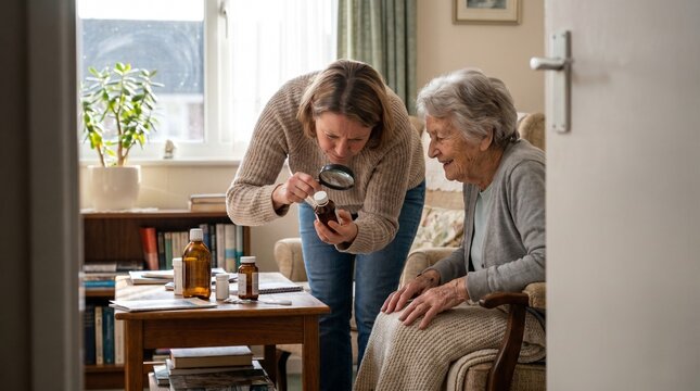 A caring young woman uses a magnifying glass to help an elderly senior read the small print on a medication bottle in a cozy home setting, highlighting intergenerational support and healthcare