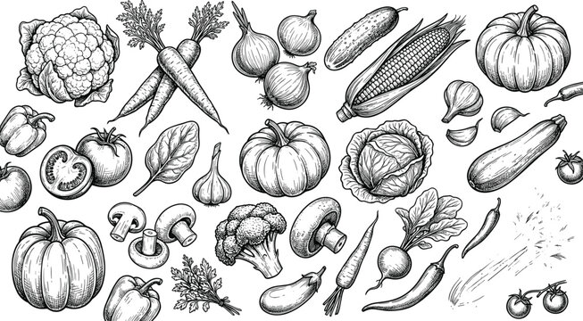 Hand Drawn Vegetable Sketch Vector Collection with Pumpkin, Tomato, Mushroom, Broccoli, Carrot, and Corn for Vintage Healthy Food Menu Designs