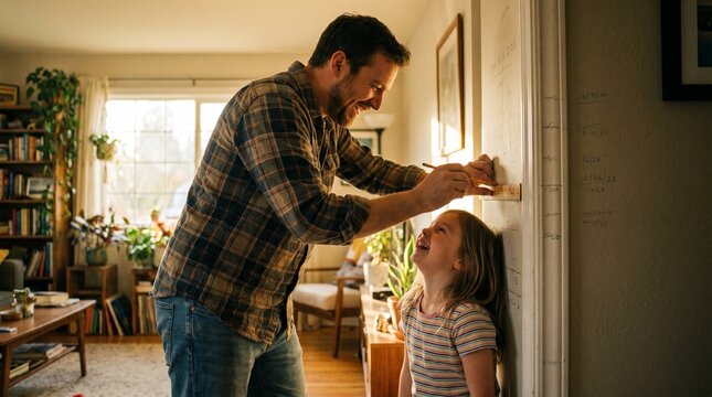 A loving father measures his young daughter's height against a sunlit wall at home, capturing a heartwarming moment of growth and family bonding.