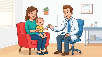 Obraz premium Pediatrician Examining Cute Baby with Stethoscope in Clinic Office While Mother Sits Smiling for Healthcare Medical Care and Checkup Illustration