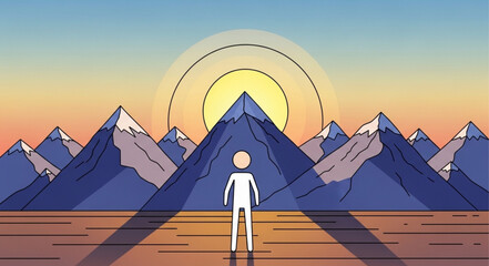Lone figure stands before majestic mountain range at sunrise. © Nayla