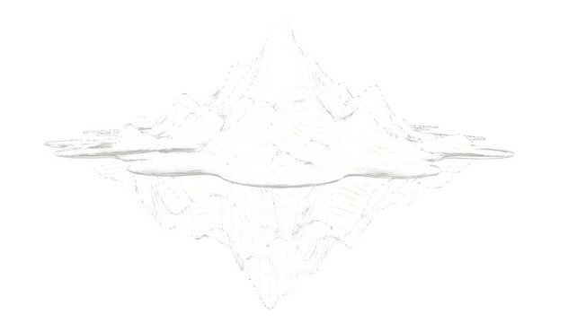 Massive floating topograph with rugged landscape and serene water surface
