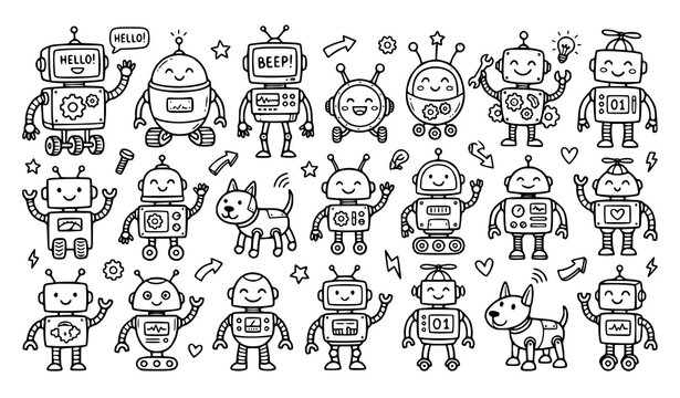 Cute cartoon robot characters and sci-fi elements doodle pattern for kids coloring book