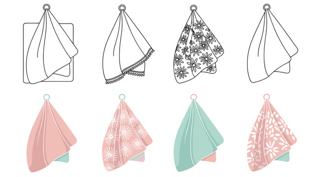 Illustration of various hanging kitchen towels featuring different colors and floral patterns available in both outline and flat color styles.
