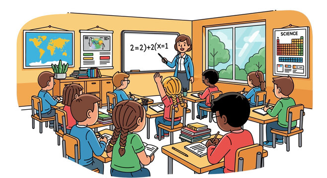 Teacher explaining algebra equation to diverse elementary students in bright modern classroom with educational posters