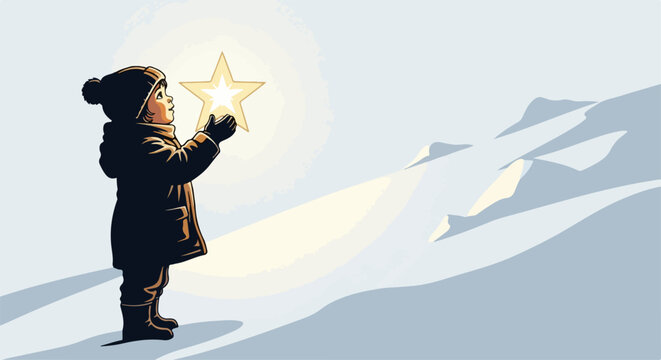 Little boy holding glowing star in winter vector illustration with snowy landscape. Child with magic light in hands during cold season. Inspiring vector graphics for holiday greeting card, banner,
