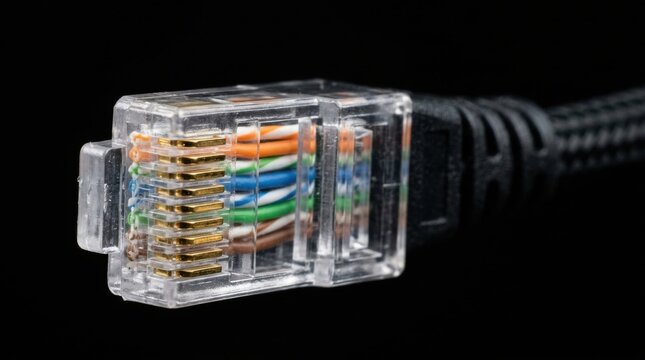 Network ethernet cable connector close-up on black background