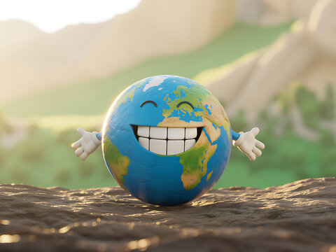 A cheerful cartoon globe with a wide smile and outstretched arms standing on a rocky surface in a sunny natural landscape with mountains and greenery