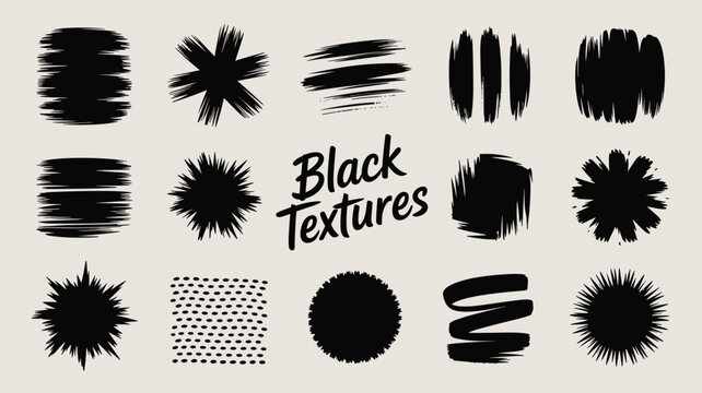 Collection of diverse black paint brush strokes and ink textures including splatters, stripes, and circular marks for artistic designs.