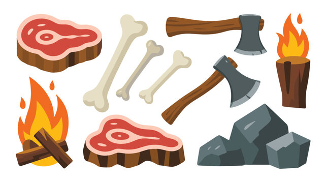 Collection of primitive survival items including stone axes, large pieces of meat, bones, a campfire, and rocks on a white background.