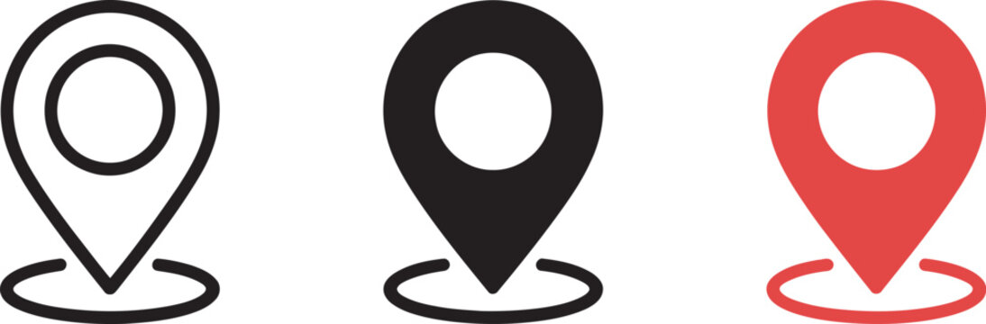 Map pin and location marker icon collection with GPS navigation symbols vector set representing mapping, geolocation, route tracking and destination guidance for digital navigation systems.