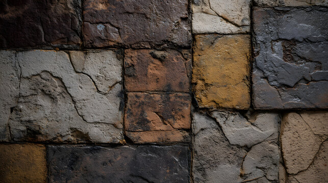 Tiles with a shabby patchwork motif made of old brown gray rusty vintage tiles, accompanied by a banner with a stone concrete cement wall texture.