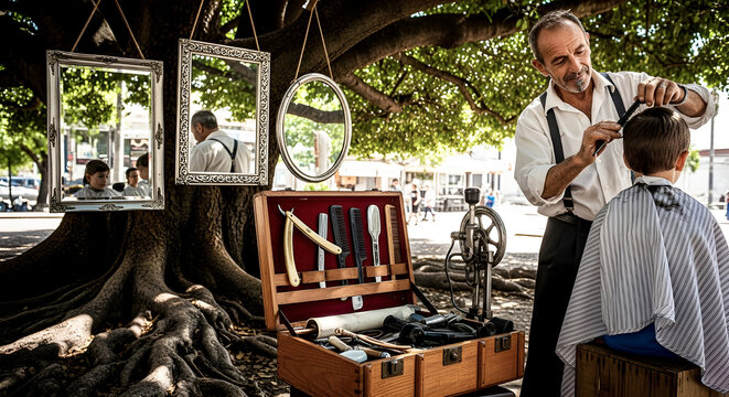 Street Barber Working Under Tree with Vintage Mirrors