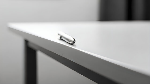 A silver pen rests on the edge of a white table with black legs
