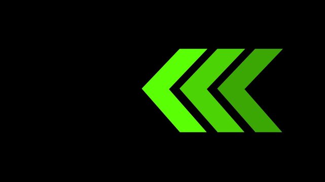 Animated green arrows pointing left, directional indicator motion on black background, navigation motion animation