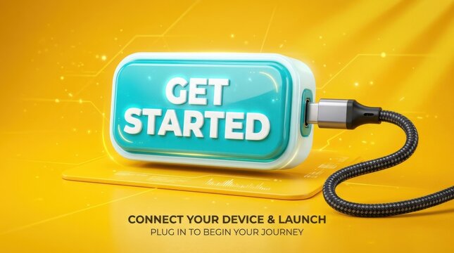 Get started banner with USB connector on yellow background