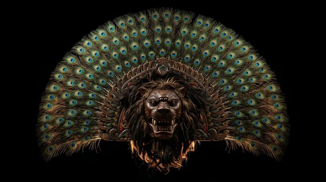 Traditional Indonesian Reog Ponorogo Singa Barong Mask with Peacock Feathers Isolated on Black Background