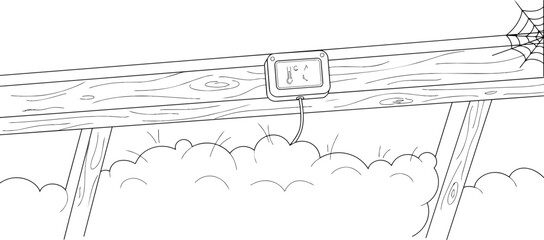 Fototapeta premium Environmental sensor mounted on wooden beam in dusty attic with cobweb overhead
