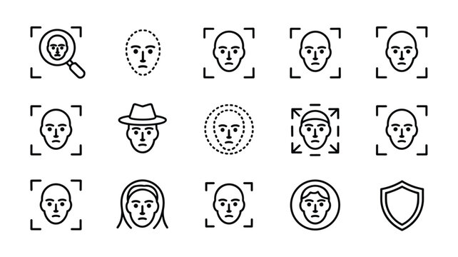 Biometric security icons illustrate various methods of face recognition and identity verification using scanning technology symbols.