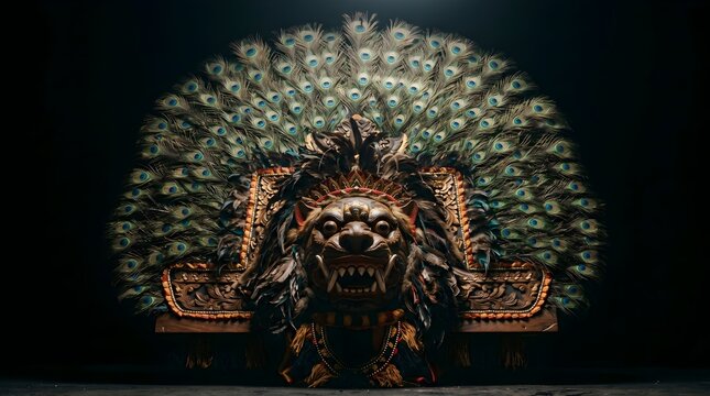 Dramatic Studio Portrait of Traditional Indonesian Reog Ponorogo Singa Barong Mask on Black Background