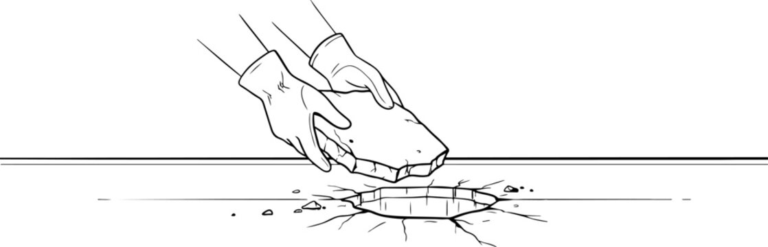Hands wearing gloves carefully place a rough textured patch over a hole in a surface during repair concept