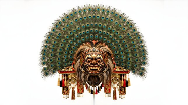 Traditional Indonesian Reog Ponorogo Singa Barong Mask with Peacock Feathers Isolated on White Background