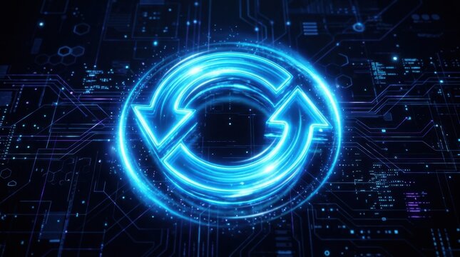 Glowing blue refresh sync icon on circuit board