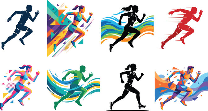 Running and Sprinting Athlete Icon Vector Bundle Featuring Abstract Geometric Low Poly and Dynamic Wave Silhouette Designs for Marathon Sports and Fitness Logos
