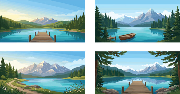 Beautiful mountain lake landscape banner set with wooden pier rowboat pine forest and snow peaks vector illustration