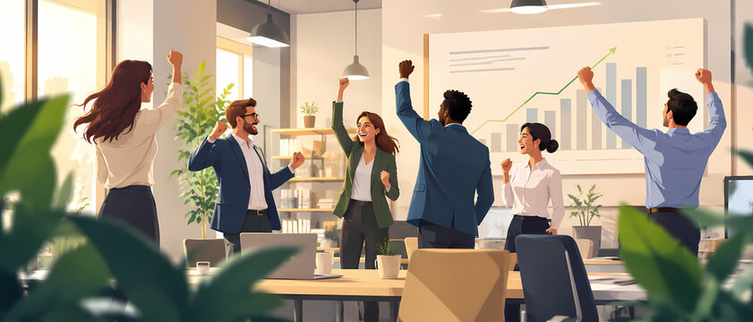 Illustration d&rsquo;affaires montrant une &eacute;quipe sautant de joie, succ&egrave;s au travail, motivation, f&ecirc;te et victoire commune