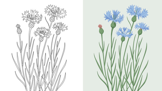 Beautiful cornflower illustrations show both a detailed line drawing and a colored version with blue petals.