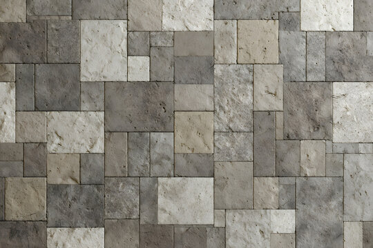 The wall and floor terrace is covered in gray grey beige cement natural stone concrete tiles, and there is a seamless pattern with texture and square rectangle mosaic tiles.