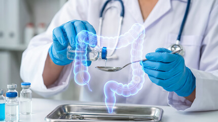 Fototapeta premium Doctor pouring medicine into a spoon with a 3d hologram of the human colon, representing digestive health