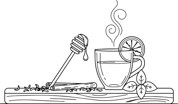 Steaming herbal tea with honey dipper and lemon slice on a wooden board with mint leaves