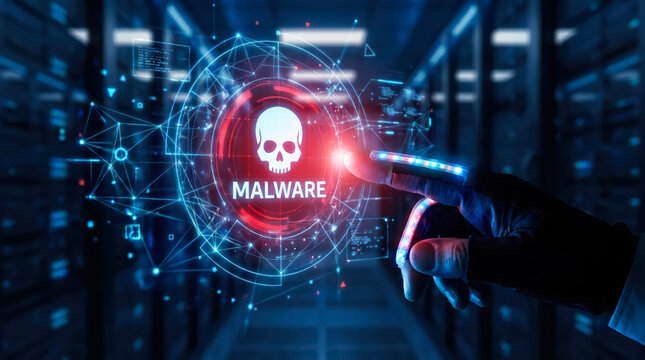 Cybersecurity concept with a digital interface showing a malware warning icon and a gloved hand touching it