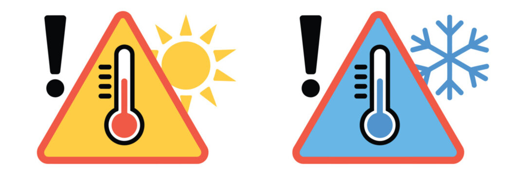 Extreme temperature warning, weather safety symbols, heat cold risk, thermometer sun snowflake elements, climate alert vector illustration.