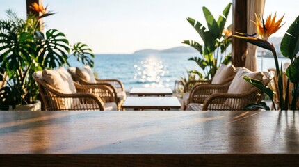 Fototapeta premium Coastal Outdoor Seating with Ocean View for Relaxation Concept