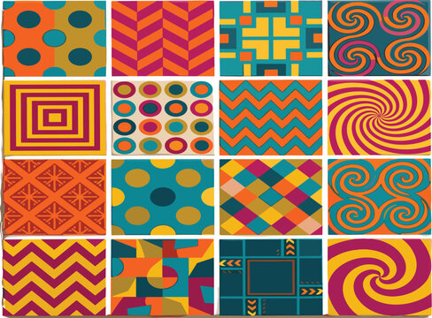 Geometric Pattern Seamless Tile Set Featuring Colorful Retro Polka Dots Zigzag Waves Spirals and Abstract Ethnic Mosaic Shapes for Vibrant Textile and Surface Graphic Designs