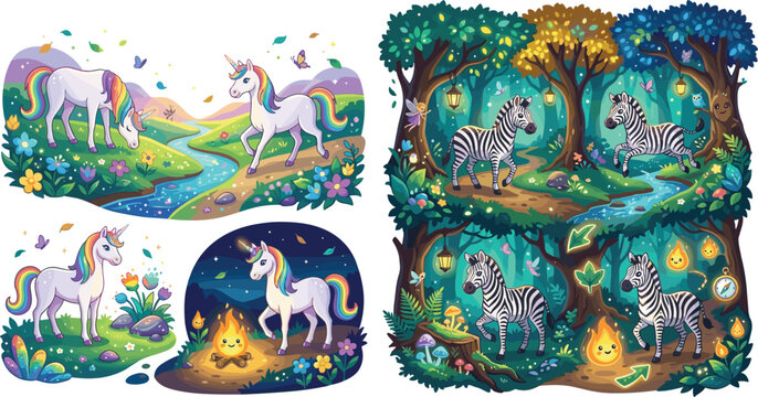 Cute unicorn meadow scenes and zebra enchanted forest adventure panels with magical lanterns and campfires vector illustration set