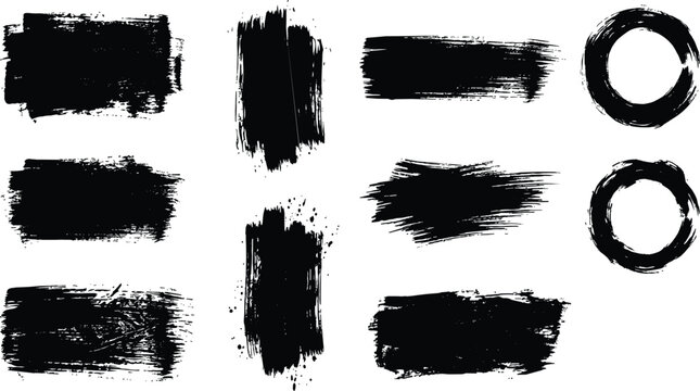 Black brush stroke rectangles and circles abstract grunge textures backgrounds design elements on transparent background.