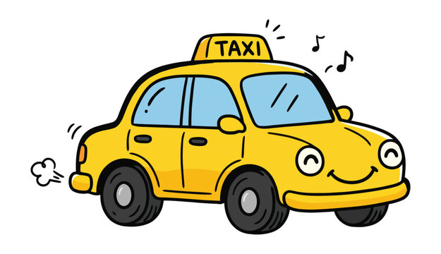 Smiling yellow taxi cab driving happily
