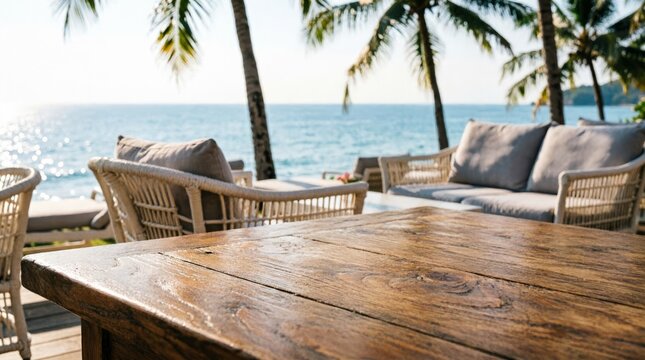 Coastal Outdoor Lounge with Wooden Table and Ocean View for Relaxation Concept