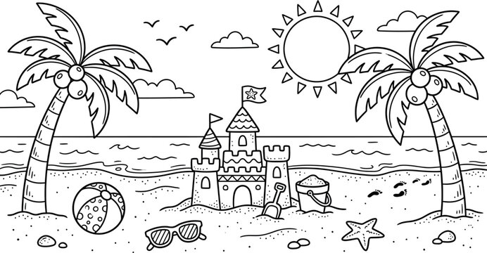 Tropical Beach Scene With Sandcastle Palm Trees And Ocean Waves