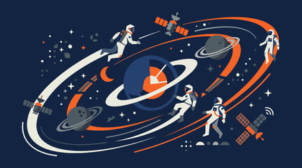 Fototapeta premium Space exploration concept with astronauts and satellites in orbit