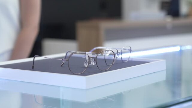 Close-up of a blonde female buyer trying on new designer eyeglasses and checking her look, with a professional female optician standing nearby to assist in the selection.