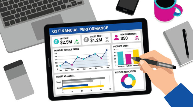 Hand using a digital stylus interacts with a tablet showing financial performance charts and revenue growth statistics.