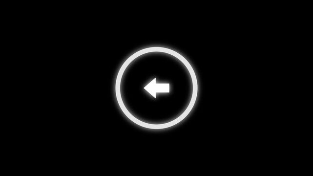Animated glowing white left arrow circle icon on black. 4K Video