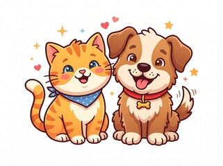 Cute cartoon cat and dog best friends with heart decorations, illustration