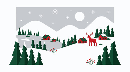 Winter holiday scene with reindeer and houses in snowy landscape festive Christmas decoration seasonal greeting card design element vector © Dikzma
