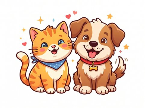 Cute cartoon cat and dog best friends with heart decorations, illustration